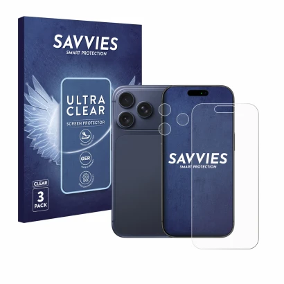 Vorderseite einer Produktverpackung mit dem Markenlogo Savvies. Daneben ist das Gerät Apple iPhone 17 Pro (Display+Kamera) mit