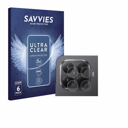 Vorderseite einer Produktverpackung mit dem Markenlogo Savvies. Daneben ist das Gerät Xiaomi 15T Pro (NUR Kameraschutz) mit de