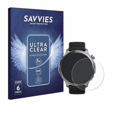 Vorderseite einer Produktverpackung mit dem Markenlogo Savvies. Daneben ist das Gerät Huami Amazfit Balance 2 XT mit dem zugeh