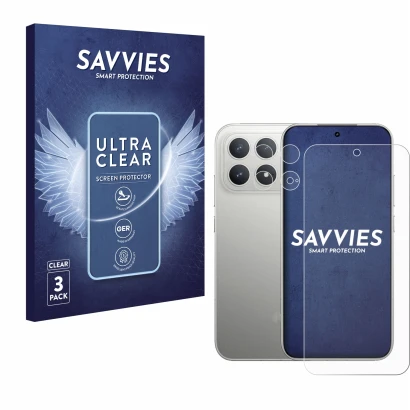 Vorderseite einer Produktverpackung mit dem Markenlogo Savvies. Daneben ist das Gerät Xiaomi Poco F8 Pro (Display+Kamera) mit 