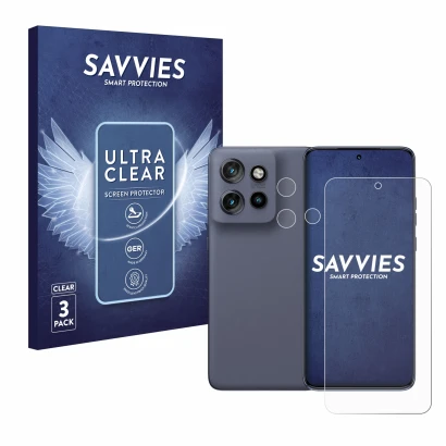 Vorderseite einer Produktverpackung mit dem Markenlogo Savvies. Daneben ist das Gerät Motorola Edge 60 Neo (Display+Kamera) mi