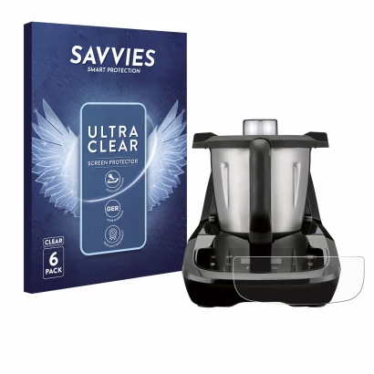 Vorderseite einer Produktverpackung mit dem Markenlogo Savvies. Daneben ist das Gerät SilverCrest Monsieur Cuisine compact mit