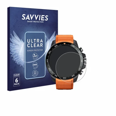 Vorderseite einer Produktverpackung mit dem Markenlogo Savvies. Daneben ist das Gerät Xiaomi Mibro GS Explorer S mit dem zugeh