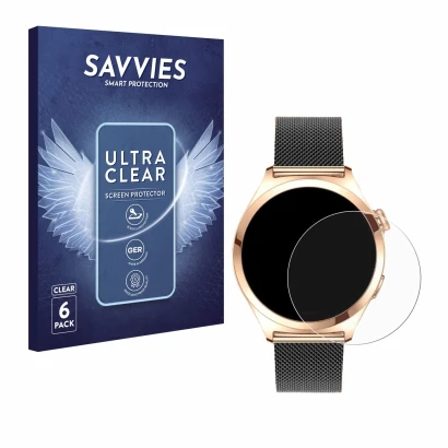 Vorderseite einer Produktverpackung mit dem Markenlogo Savvies. Daneben ist das Gerät Niolina Smartwatch 1.27