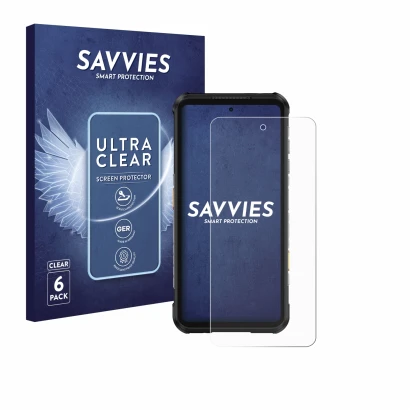 Vorderseite einer Produktverpackung mit dem Markenlogo Savvies. Daneben ist das Gerät Ulefone RugOne Xever 7 Pro mit dem zugeh