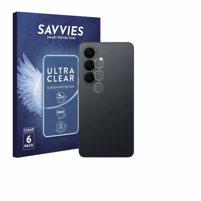 Vorderseite einer Produktverpackung mit dem Markenlogo Savvies. Daneben ist das Gerät Samsung Galaxy S26 (NUR Kameraschutz) mi
