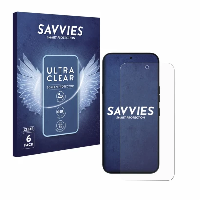 Vorderseite einer Produktverpackung mit dem Markenlogo Savvies. Daneben ist das Gerät Nothing Phone (4a) Pro mit dem zugehörig