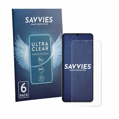 Vorderseite einer Produktverpackung mit dem Markenlogo Savvies. Daneben ist das Gerät realme Note 80 mit dem zugehörigen Displ