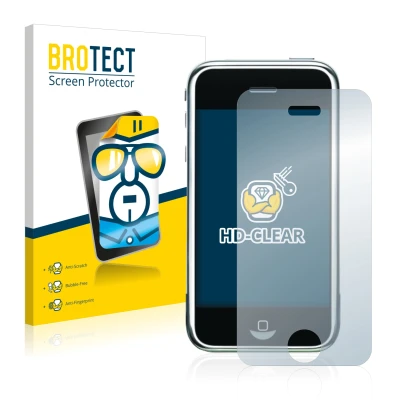 Vorderseite einer Produktverpackung mit dem Markenlogo BROTECT. Daneben ist das Gerät Apple iPhone 2G mit dem zugehörigen Disp