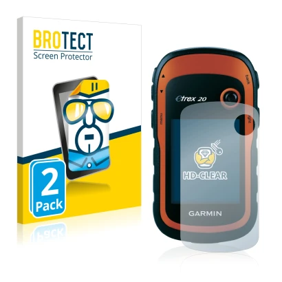 Vorderseite einer Produktverpackung mit dem Markenlogo BROTECT. Daneben ist das Gerät Garmin eTrex 20 mit dem zugehörigen Disp