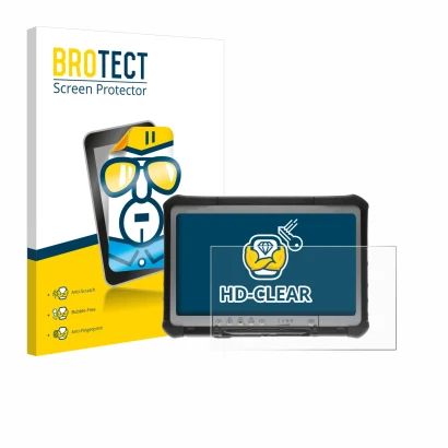 Vorderseite einer Produktverpackung mit dem Markenlogo BROTECT. Daneben ist das Gerät Panasonic Toughbook CF-D1 mit dem zugehö