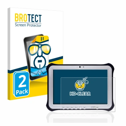 Vorderseite einer Produktverpackung mit dem Markenlogo BROTECT. Daneben ist das Gerät Panasonic Toughpad FZ-G1 mit dem zugehör