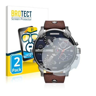 Vorderseite einer Produktverpackung mit dem Markenlogo BROTECT. Daneben ist das Gerät Diesel DZ7314 Mr. Daddy mit dem zugehöri