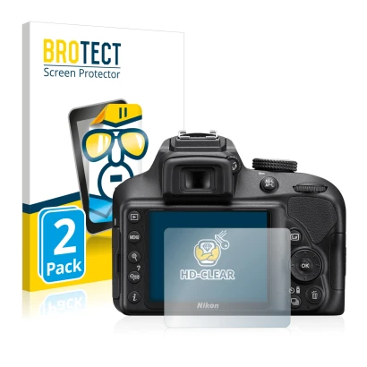 Vorderseite einer Produktverpackung mit dem Markenlogo BROTECT. Daneben ist das Gerät Nikon D3400 mit dem zugehörigen Displays