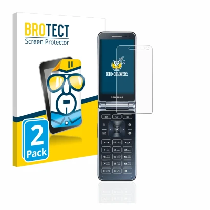 Vorderseite einer Produktverpackung mit dem Markenlogo BROTECT. Daneben ist das Gerät Samsung Galaxy Folder 2 mit dem zugehöri