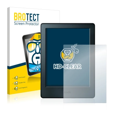 Vorderseite einer Produktverpackung mit dem Markenlogo BROTECT. Daneben ist das Gerät Amazon Kindle 2016 (8. Gen.) mit dem zug