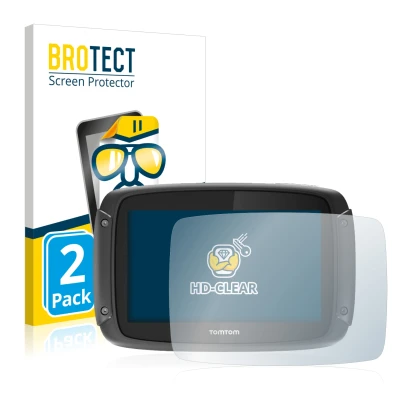 Vorderseite einer Produktverpackung mit dem Markenlogo BROTECT. Daneben ist das Gerät TomTom Rider 450 mit dem zugehörigen Dis