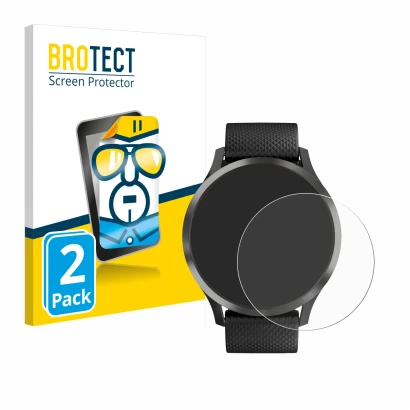 Vorderseite einer Produktverpackung mit dem Markenlogo BROTECT. Daneben ist das Gerät Garmin vivomove HR mit dem zugehörigen D