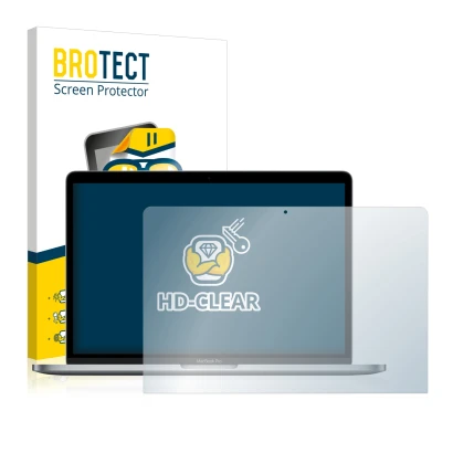 Vorderseite einer Produktverpackung mit dem Markenlogo BROTECT. Daneben ist das Gerät Apple MacBook Pro 13" 2017 mit dem zugeh