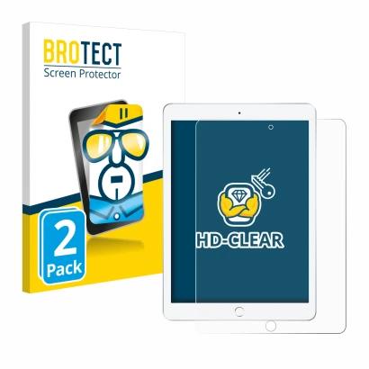 Vorderseite einer Produktverpackung mit dem Markenlogo BROTECT. Daneben ist das Gerät Apple iPad 9.7" 2018 (6. Gen.) mit dem z