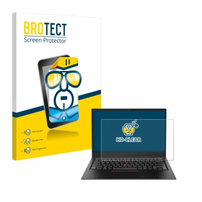 Vorderseite einer Produktverpackung mit dem Markenlogo BROTECT. Daneben ist das Gerät Lenovo ThinkPad X1 Carbon (6. Gen.) mit 