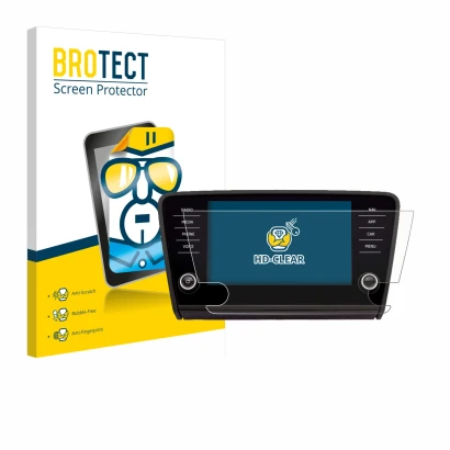 Vorderseite einer Produktverpackung mit dem Markenlogo BROTECT. Daneben ist das Gerät Skoda Amundsen Superb 2018 Infotainment 