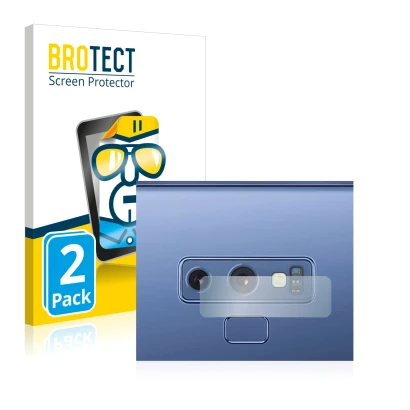 Vorderseite einer Produktverpackung mit dem Markenlogo BROTECT. Daneben ist das Gerät Samsung Galaxy Note 9 (NUR Kameraschutz)