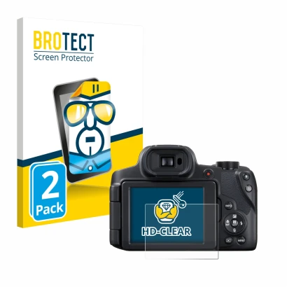 Vorderseite einer Produktverpackung mit dem Markenlogo BROTECT. Daneben ist das Gerät Canon PowerShot SX70 HS mit dem zugehöri
