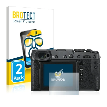 Vorderseite einer Produktverpackung mit dem Markenlogo BROTECT. Daneben ist das Gerät Fujifilm GFX 50R mit dem zugehörigen Dis