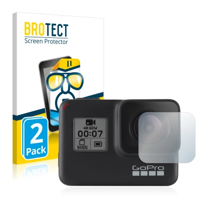 Vorderseite einer Produktverpackung mit dem Markenlogo BROTECT. Daneben ist das Gerät GoPro Hero 7 Black (Linse) mit dem zugeh