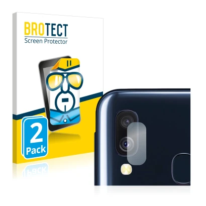 Vorderseite einer Produktverpackung mit dem Markenlogo BROTECT. Daneben ist das Gerät Samsung Galaxy A40 (NUR Kameraschutz) mi