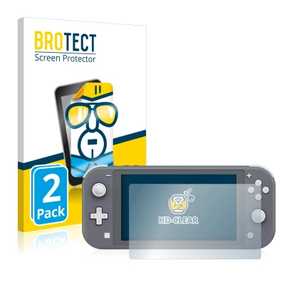 Vorderseite einer Produktverpackung mit dem Markenlogo BROTECT. Daneben ist das Gerät Nintendo Switch Lite mit dem zugehörigen