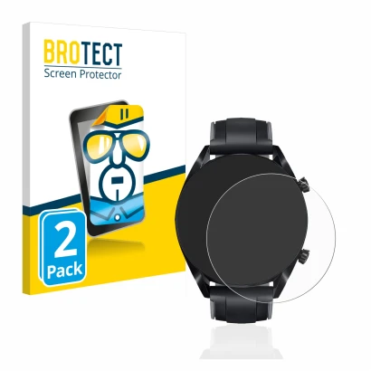 Vorderseite einer Produktverpackung mit dem Markenlogo BROTECT. Daneben ist das Gerät Huawei Watch GT 2 (46 mm) mit dem zugehö