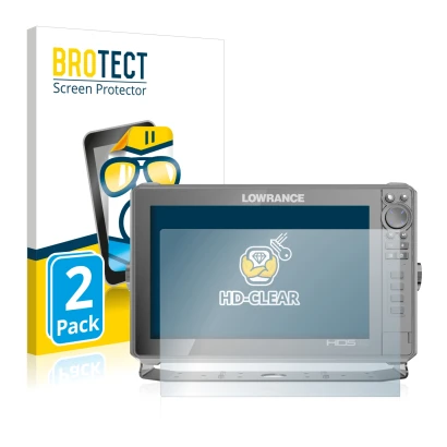 Vorderseite einer Produktverpackung mit dem Markenlogo BROTECT. Daneben ist das Gerät Lowrance HDS Live 12" mit dem zugehörige