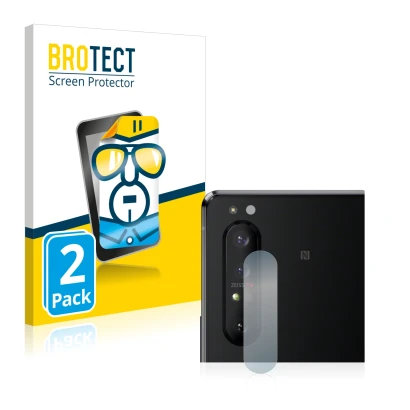 Vorderseite einer Produktverpackung mit dem Markenlogo BROTECT. Daneben ist das Gerät Sony Xperia 1 II (NUR Kameraschutz) mit