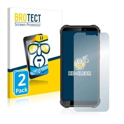 Vorderseite einer Produktverpackung mit dem Markenlogo BROTECT. Daneben ist das Gerät Oukitel WP5 Pro mit dem zugehörigen Disp