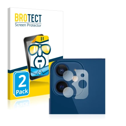 Vorderseite einer Produktverpackung mit dem Markenlogo BROTECT. Daneben ist das Gerät Apple iPhone 12 (NUR Kameraschutz) mit d