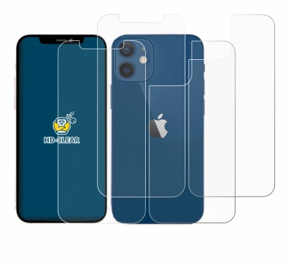 Abbildung des Geräts Apple iPhone 12 (Display+Rückseite) mit einer Vielzahl des Displayschutzes.