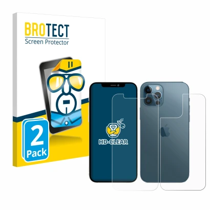 Vorderseite einer Produktverpackung mit dem Markenlogo BROTECT. Daneben ist das Gerät Apple iPhone 12 Pro (Display+Rückseite) 