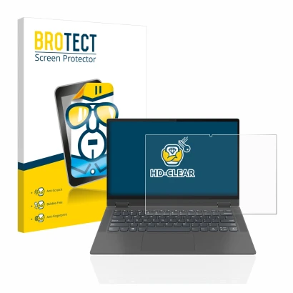 Vorderseite einer Produktverpackung mit dem Markenlogo BROTECT. Daneben ist das Gerät Lenovo IdeaPad Flex 5 14" 2020 mit dem z