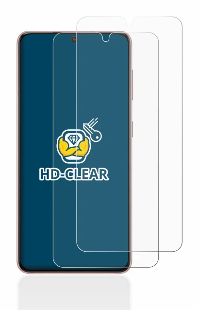 Abbildung des Geräts Samsung Galaxy S21 5G mit einer Vielzahl des Displayschutzes.