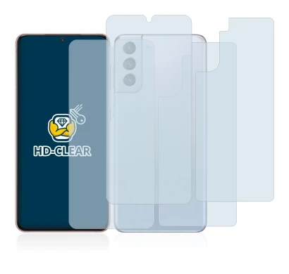 Abbildung des Geräts Samsung Galaxy S21 5G (Display+Rückseite) mit einer Vielzahl des Displayschutzes.