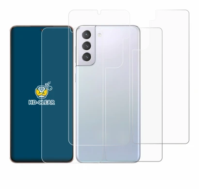 Abbildung des Geräts Samsung Galaxy S21 Plus 5G (Display+Rückseite) mit einer Vielzahl des Displayschutzes.