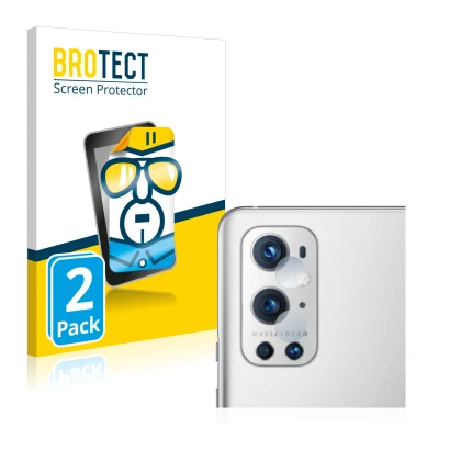 Vorderseite einer Produktverpackung mit dem Markenlogo BROTECT. Daneben ist das Gerät OnePlus 9 Pro (NUR Kameraschutz) mit dem