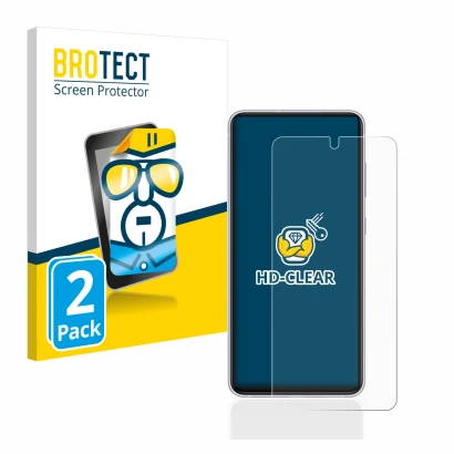 Vorderseite einer Produktverpackung mit dem Markenlogo BROTECT. Daneben ist das Gerät Samsung Galaxy S21 FE 5G mit dem zugehör