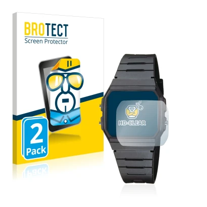 Vorderseite einer Produktverpackung mit dem Markenlogo BROTECT. Daneben ist das Gerät Casio Collection Unisex F-91W mit dem zu