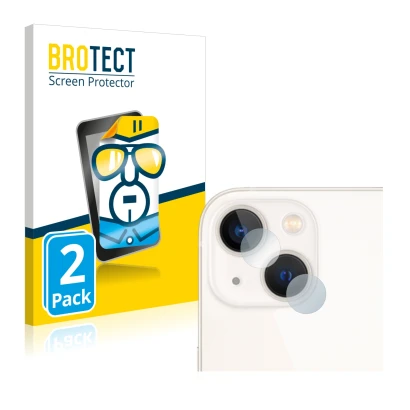 Vorderseite einer Produktverpackung mit dem Markenlogo BROTECT. Daneben ist das Gerät Apple iPhone 13 (NUR Kameraschutz) mit d