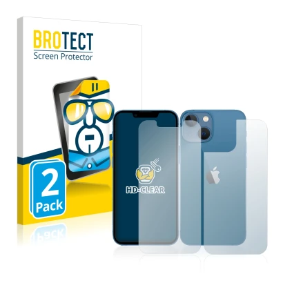 Vorderseite einer Produktverpackung mit dem Markenlogo BROTECT. Daneben ist das Gerät Apple iPhone 13 mini (Display+Rückseite)