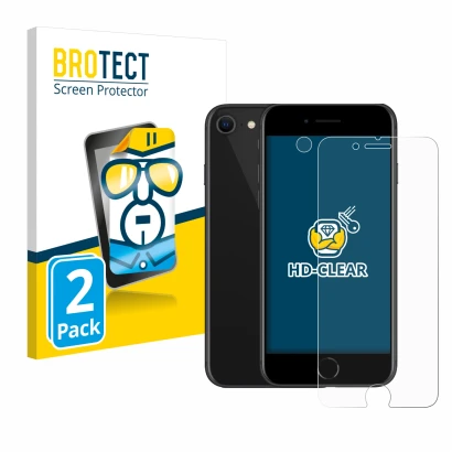 Vorderseite einer Produktverpackung mit dem Markenlogo BROTECT. Daneben ist das Gerät Apple iPhone SE 2 2020 (Display+Kamera) 