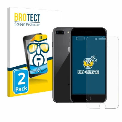 Vorderseite einer Produktverpackung mit dem Markenlogo BROTECT. Daneben ist das Gerät Apple iPhone 8 Plus (Display+Kamera) mit